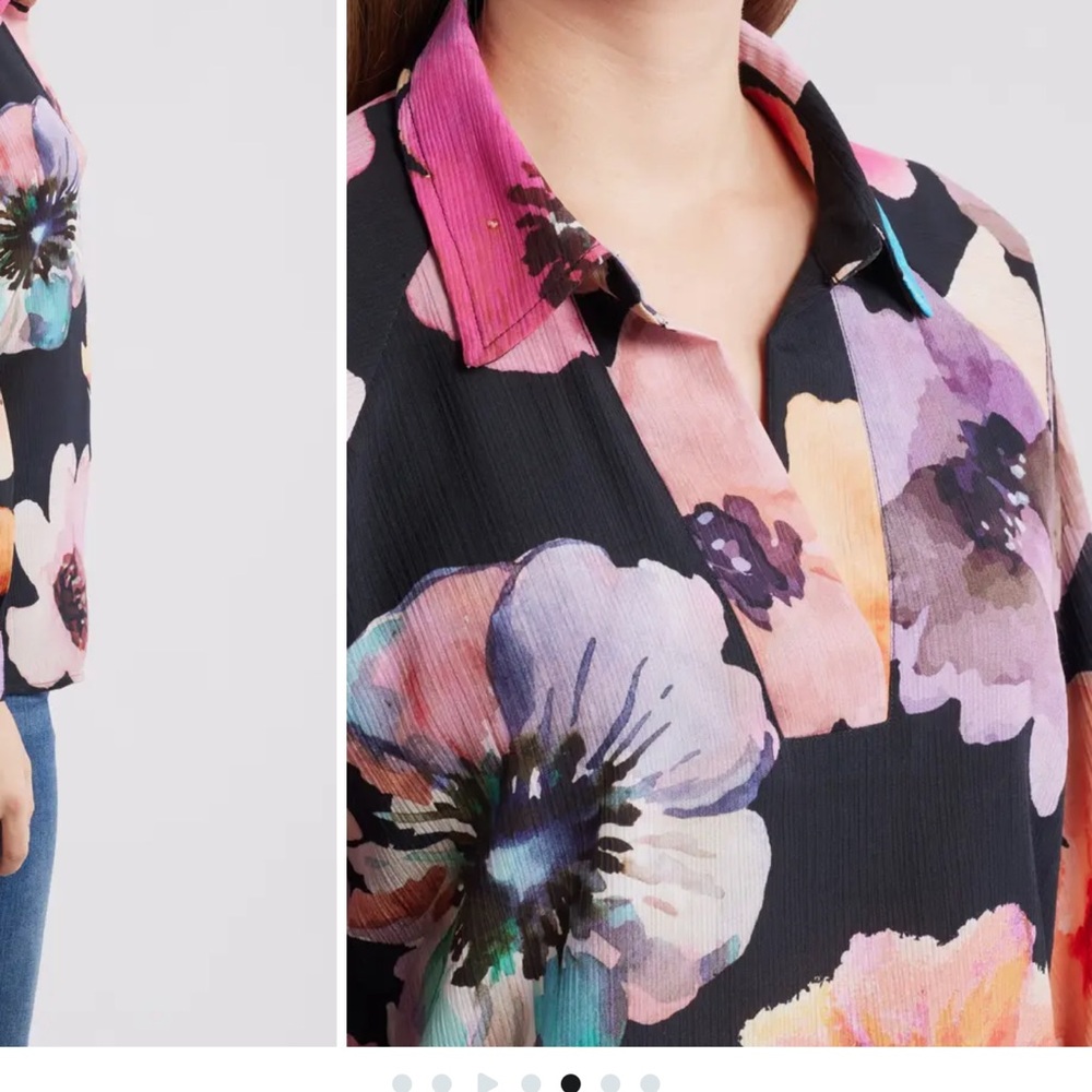 Black Floral Collared Long-Sleeve Blouse with Multicolor Blooms - Picture 4 of 11